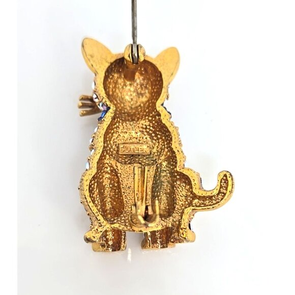 Signed Butler Cat Brooch Pin Vintage Aurora Borealis Blue Bow - Picture 7 of 8